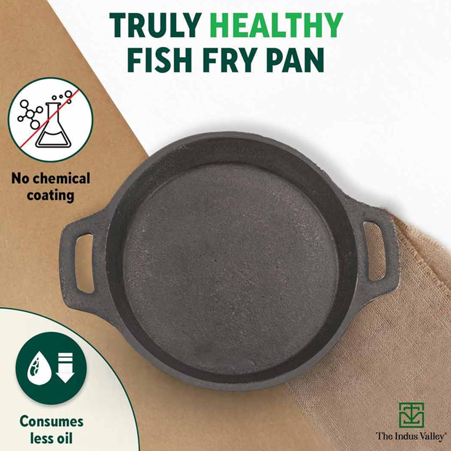 The Indus Valley Preseasoned Cast Iron Fish Fry Pan With Double Handle | Induction Friendly | Nonstick Fry Pan