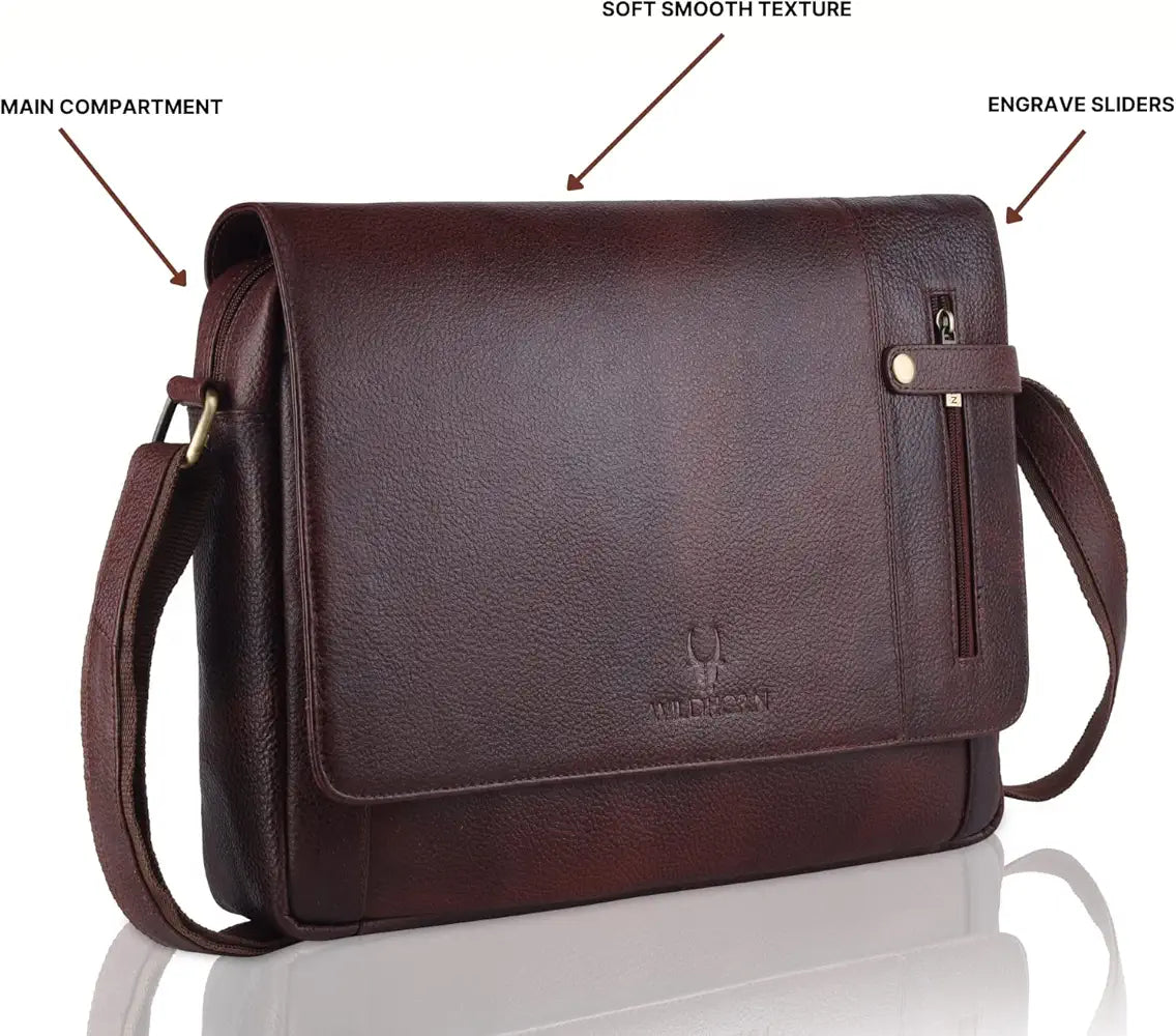 WildHorn Leather Messenger Bag for Men/Office Bag for Men I Padded Laptop Compartment with Adjustable Strap I DIMENSION : L-15 inch W-3 inch H-12 inch