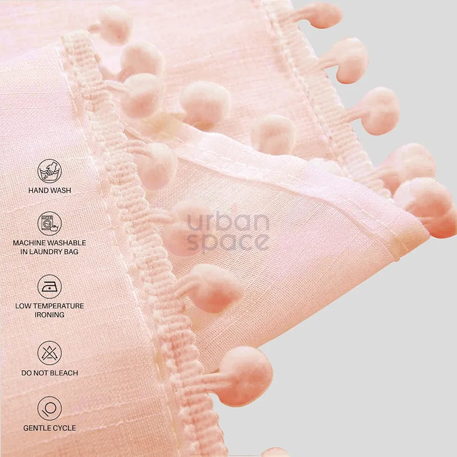Urban Space Linen Textured Sheer Curtain for Door Living Room,Readymade Curtain with Rod Pocket, Set of 2 Decorative Curtains Blush Pink with Pom pom