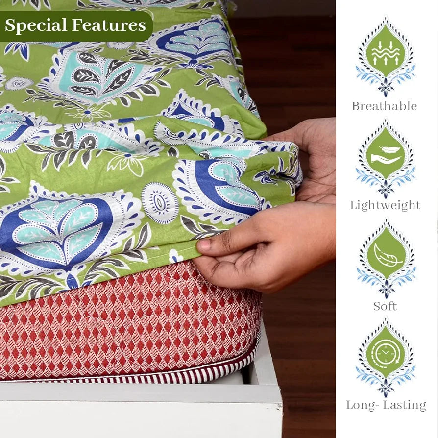 Divine Casa 100% Cotton 144 TC Fitted Printed Bedsheet for King Bed Soft-Touch Skin-Friendly Bedsheet Colour Apple Green