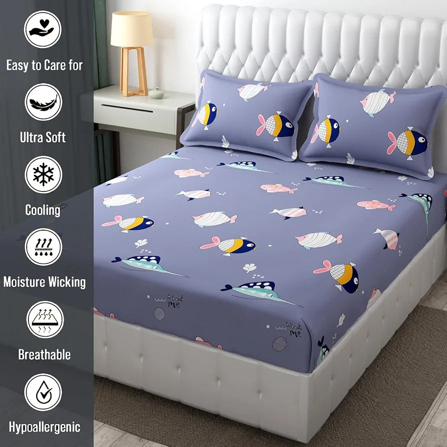 Fresh From Loom Bed Sheet Cartoon Printed Double Bedsheets King Size with 2 Pillow Cover 144 TC Grizzlies