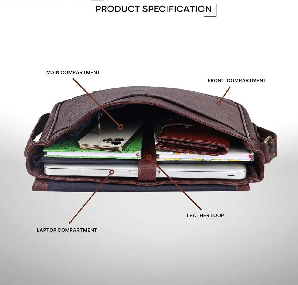 WildHorn Leather Messenger Bag for Men/Office Bag for Men | Fits Upto 15.6 Inch Laptop/MacBook | Laptop Bag/Leather Bag for Men I Dimension : L-16 inch W-3.5 inch H-12 inch