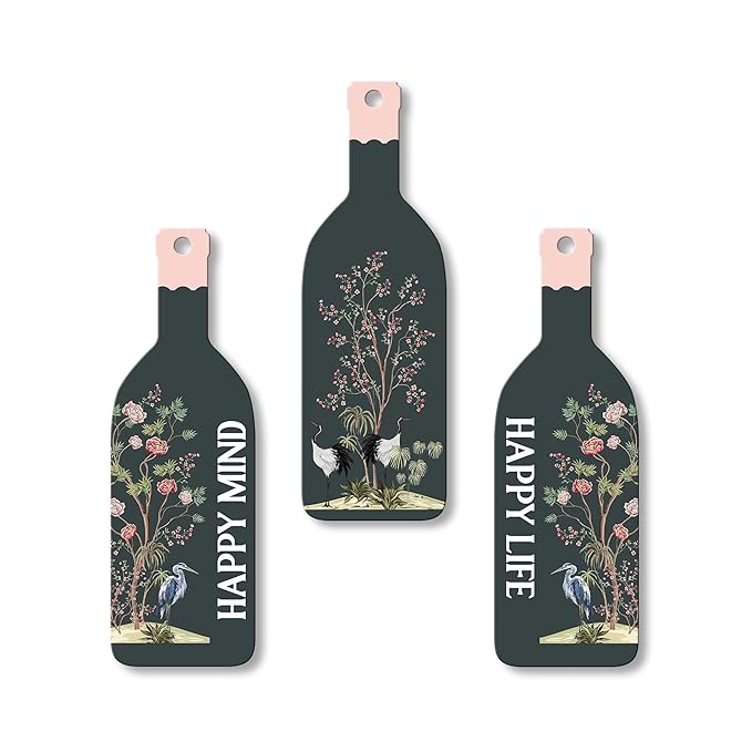 Artvibes Happy Mind Happy Life Wooden Wall Hanging for Home Decor | Decorative Mdf Wall Hanger Artwork | Set of 3