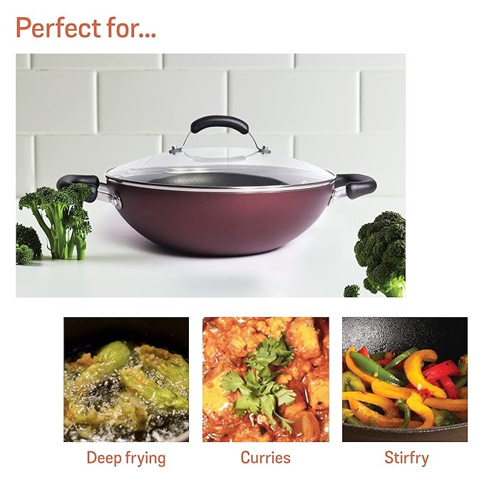 Meyer Merlot Aluminium Non-Stick Kadai with Lid (Purple 20cm)
