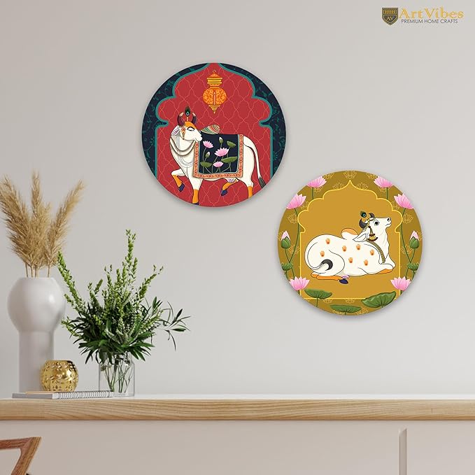 Artvibes Pichwai Round Shape Wooden Wall Hanging Decor | Door Hanging Designer Painting Art Item