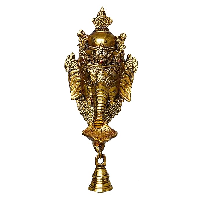 Ecraftindia Golden Metal Lord Ganesha Wall Hanging Diwali Diya With Bell