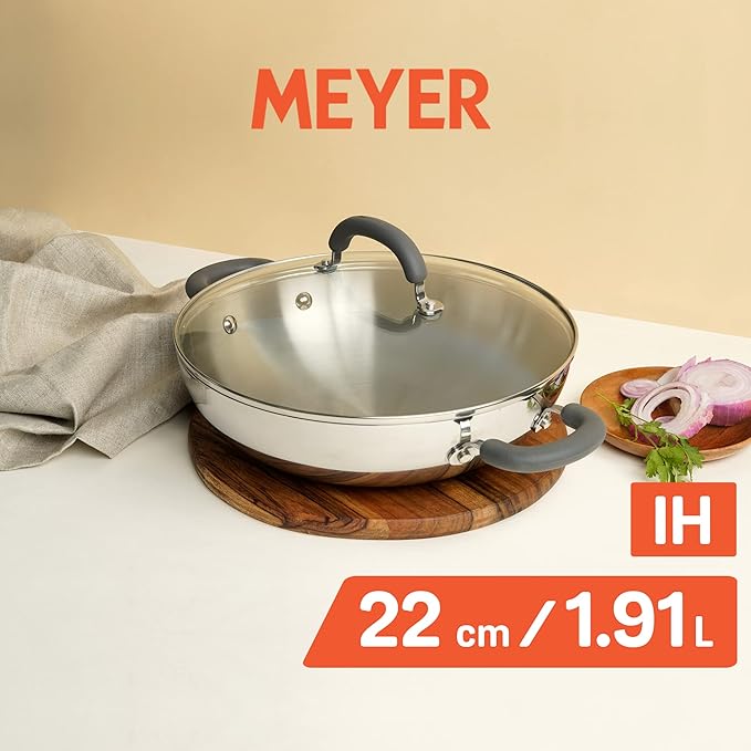 Meyer Trivantage Nickel Free Stainless Steel Triply Kadai with Steel Lid 22cm Silver