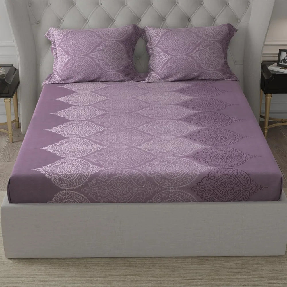 Cloth Fusion Glace Cotton Elastic 186tc Printed Fitted Bedsheet for Double Bed King Size with 2 Pillow Covers Ogee Lavender