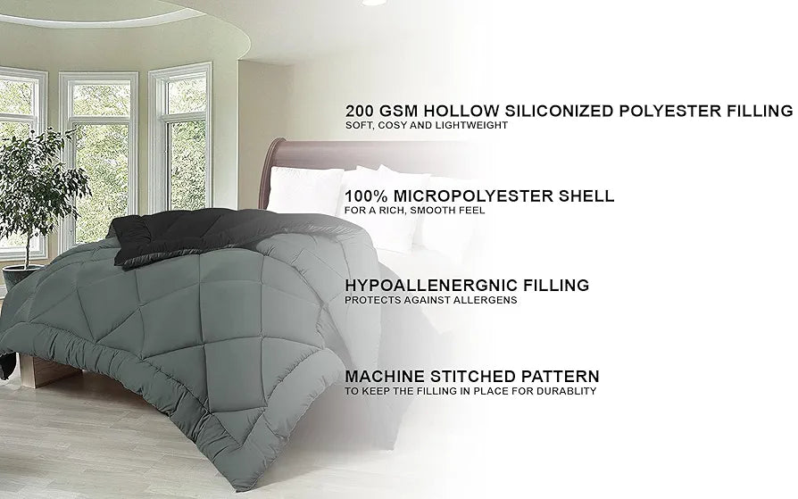 Cloth Fusion Reversible AC Comforter Single Bed Soft Microfibre Quilt Blanket for Winter Black & Grey