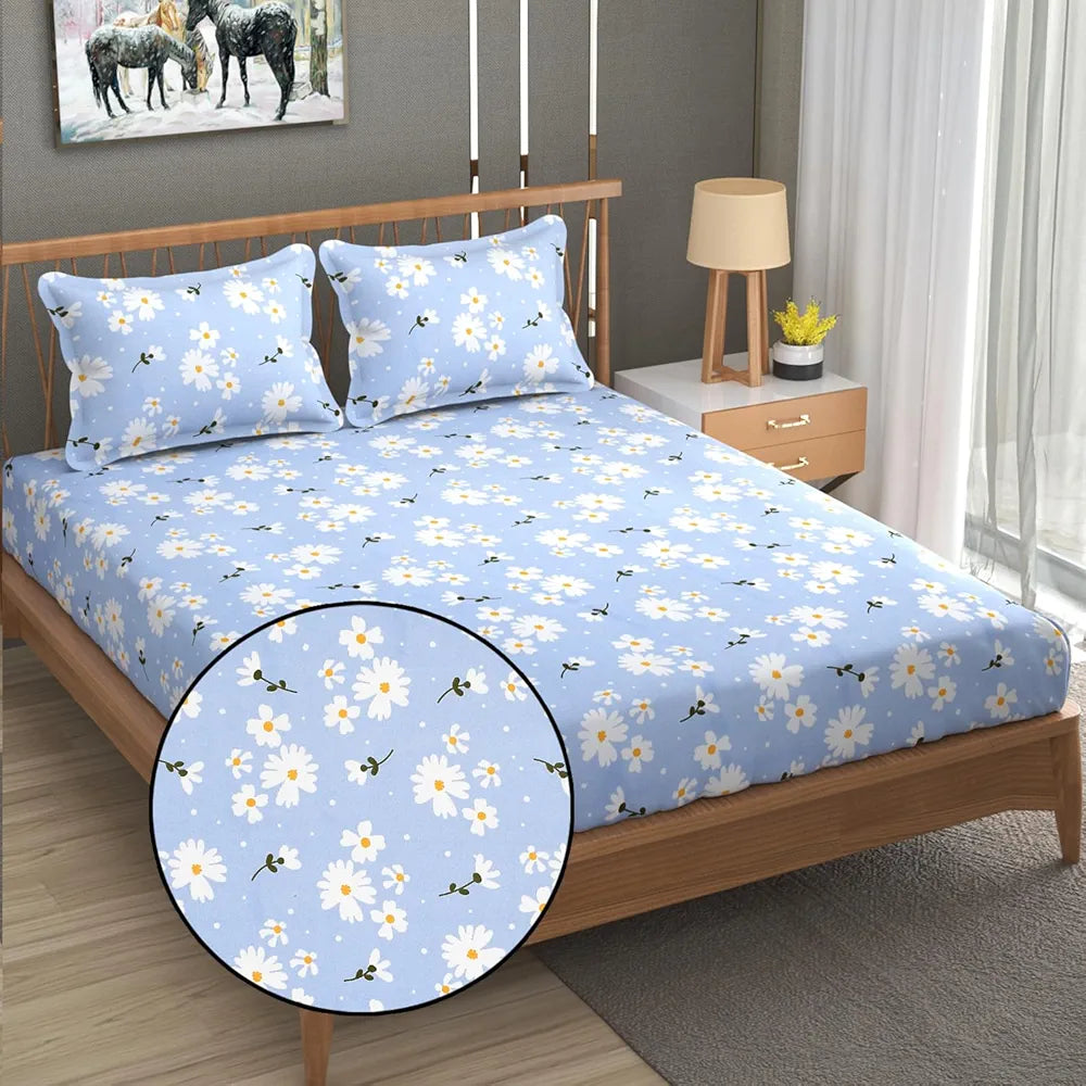 Fresh From Loom Soft Microfiber Floral Print King Size Fitted Bedsheet 240 TC 2 Pillow Covers Casper Blue