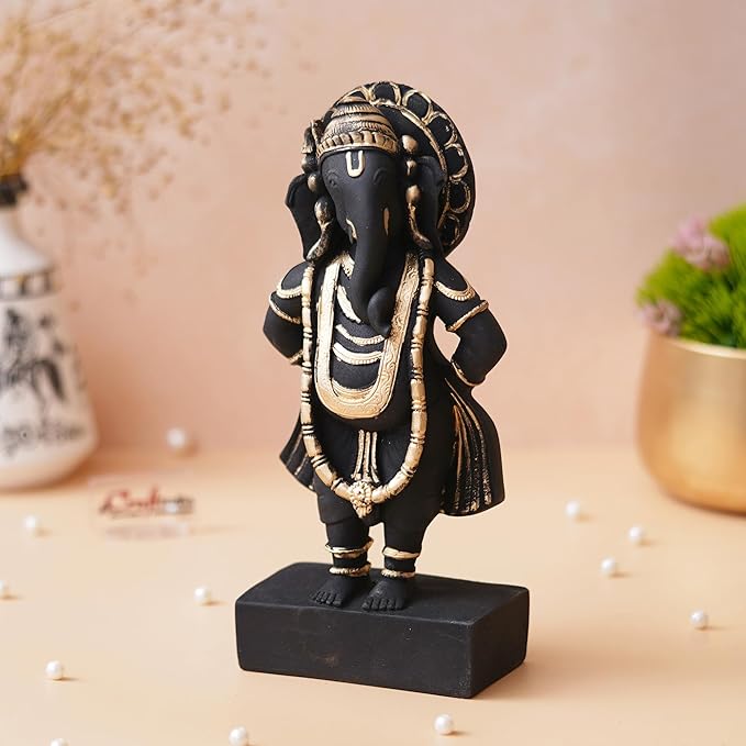 Ecraftindia Black & Golden Polyresin Handcrafted Standing Lord Ganesha Statue