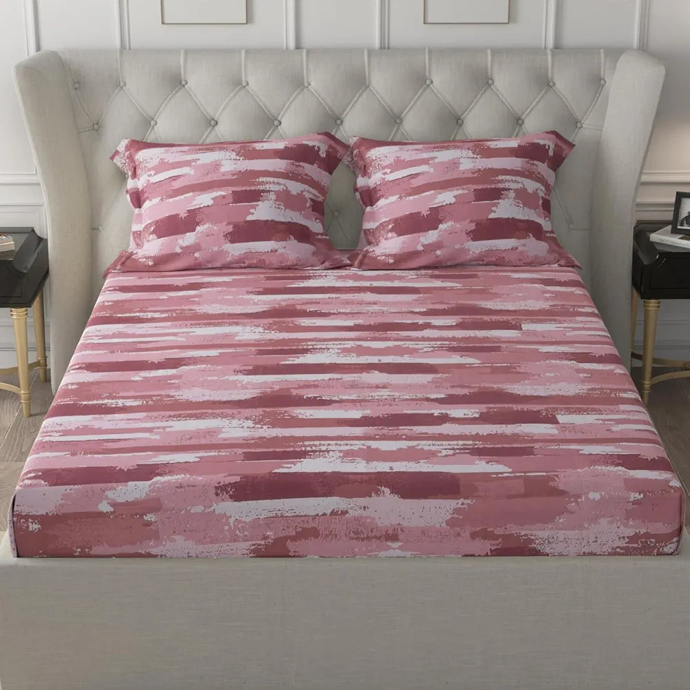 Cloth Fusion 186tc Glace Cotton Elastic Fitted Bedsheet for Double Bed King Size with 2 Pillow Covers Rosewater Stripes