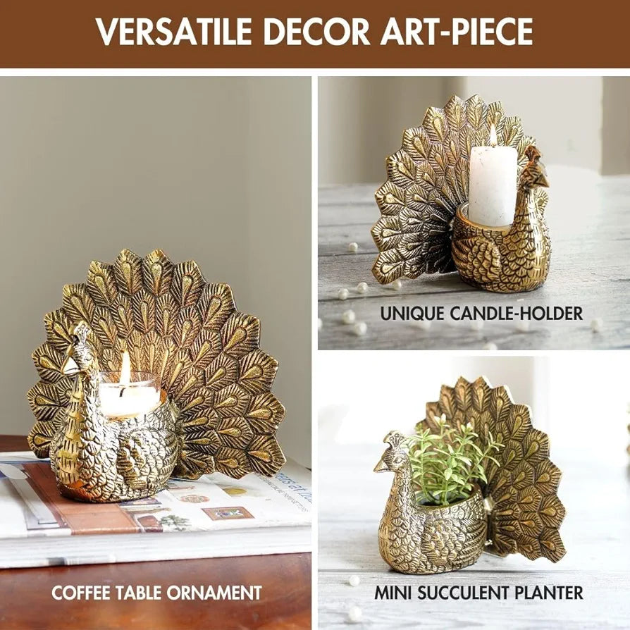 Behoma Metal Dancing Peacock Figurine for Good Luck and Love | Candle Holder for Home Dcor Tabletop Living | Showpiece for Valentine's Day, Birthday , Gold