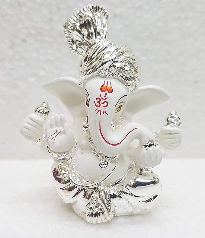 Gold Art India Ceramic Pagdi Ganesh Idol For Car Dashboard Small Ganesha Murti For Home Decor