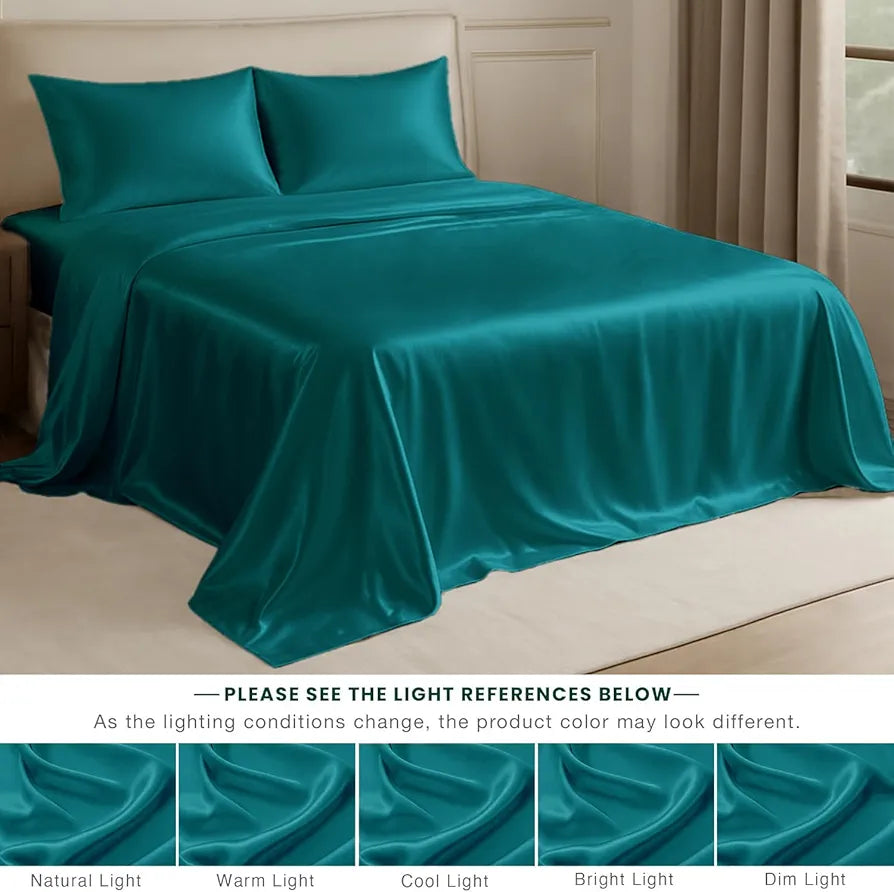 Cloth Fusion Satin Bedsheet for King Size Bed Set of 1 Satin Sheet 2 Pillow Covers Peacock Green