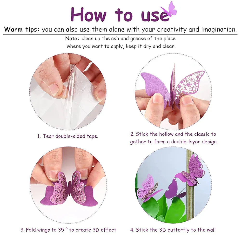 Xtore 120 Pcs Stunning 3D Purple and White Butterfly Wall Decor