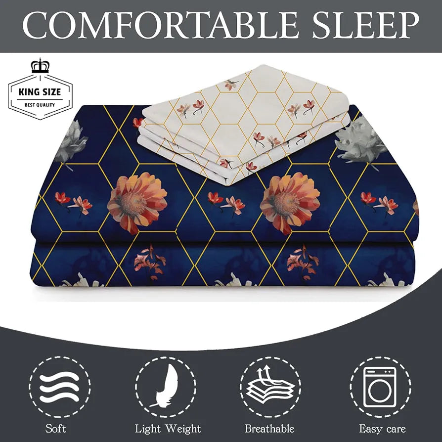 Fresh From Loom Floral Microfiber Cotton Bedsheet for Double Bed 240 TC Queen Size Soft Bed Sheet with 2 Pillow Cover Hexagon Royal Blue