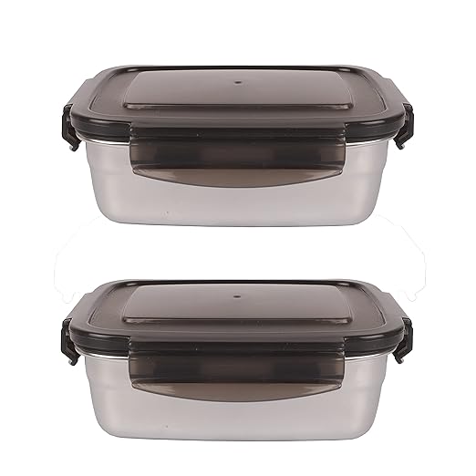 Femora Lunch Box High Steel Rectangle Heavy Duty Airtight Leakproof Unbreakable Storage Container With Lock Lid | 550 Ml | Set of 2