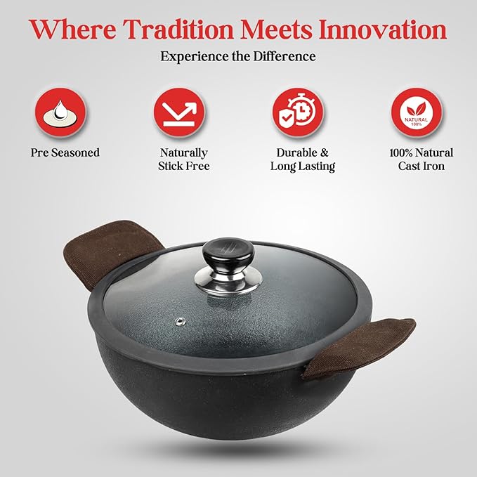 Vinod Legacy Pre Seasoned Cast Iron Kadai with Glass Lid - 2.4 Litre, 22 cm | Naturally Non Stick Kadhai for Cooking