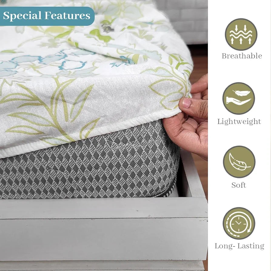 Divine Casa 100% Cotton Fitted Bedsheet Set for Single Bed 144 TC Single Bedsheet Set - Colour Floral Mineral Green
