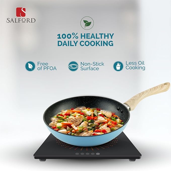 Salford by Ucook Forged Non-stick Frypan With Soft Touch Wooden Handle | Black Spatter Dusty Blue | 240mm | 1.85 Litre