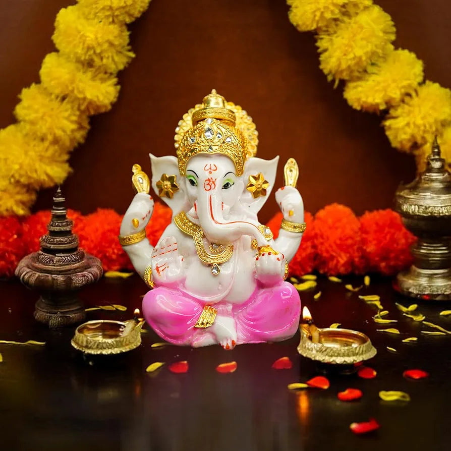 Ekhasa Handpainted Ganesha Idol Marble Dust Ganesh Murti  Jewellery Embellished