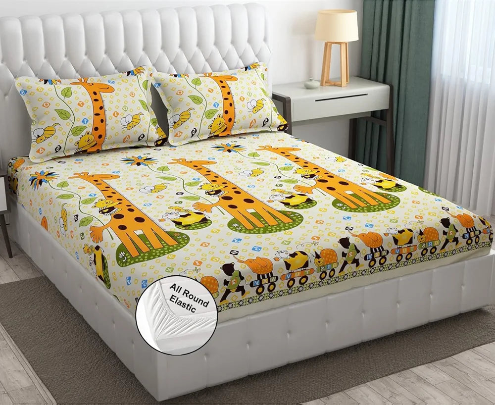 Fresh From Loom Elastic Fitted Bed Sheets Soft Glace Cotton 300 tc Fitted Bedsheet King Size Bed With Two Pillow Cover Yellow