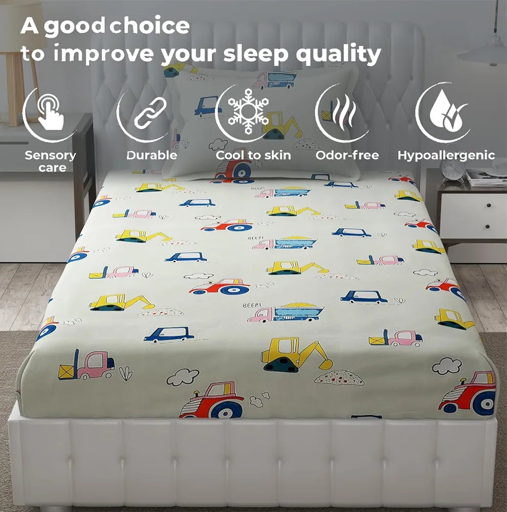 Fresh From Loom Glace Cotton 300 tc Elastic Fitted Bed Sheet With 1 Pillow Cover Cartoon Printed Cream Smallsingle