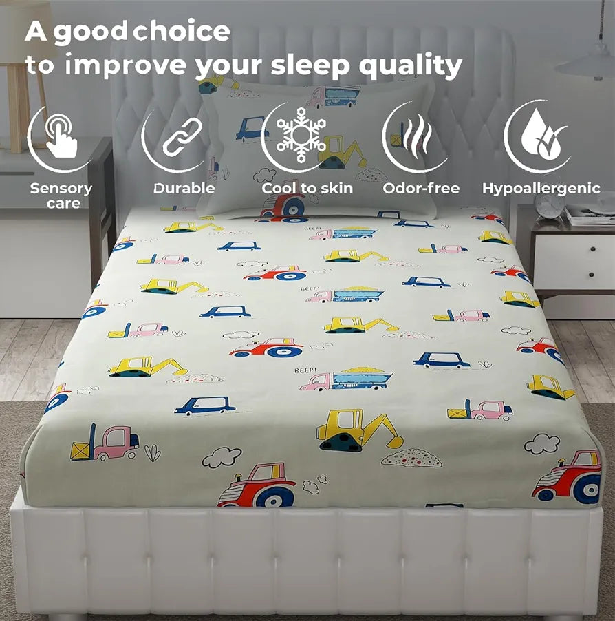 Fresh From Loom Glace Cotton Cartoon Printed Single Bedsheet With One Pillow Cover Kids Bedsheet 144 TC Cream