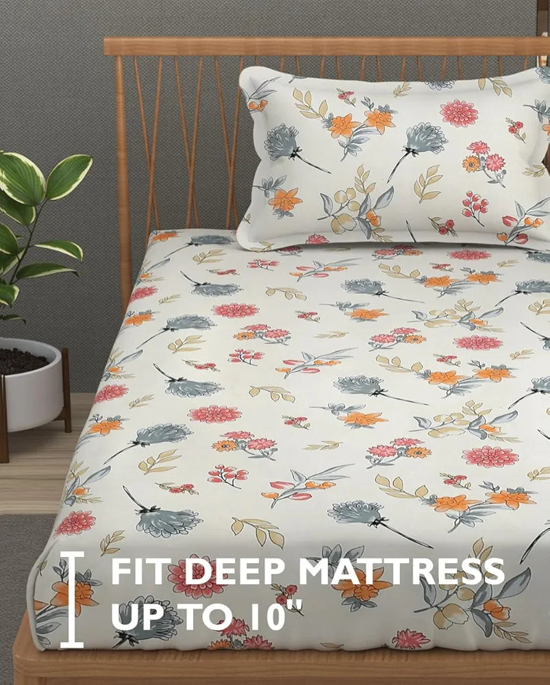 Fresh From Loom Hypoallergenic Floral Print 240 TC Microfiber Single Bed Bedsheet with 1 Pillow Covers Pastel-Cream