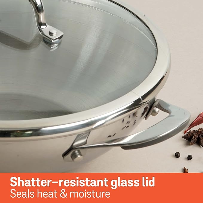 Meyer Select Nickel Free Stainless Steel Kadai | Kadhai with Glass Lid 30cm/ 4 Liters Silver