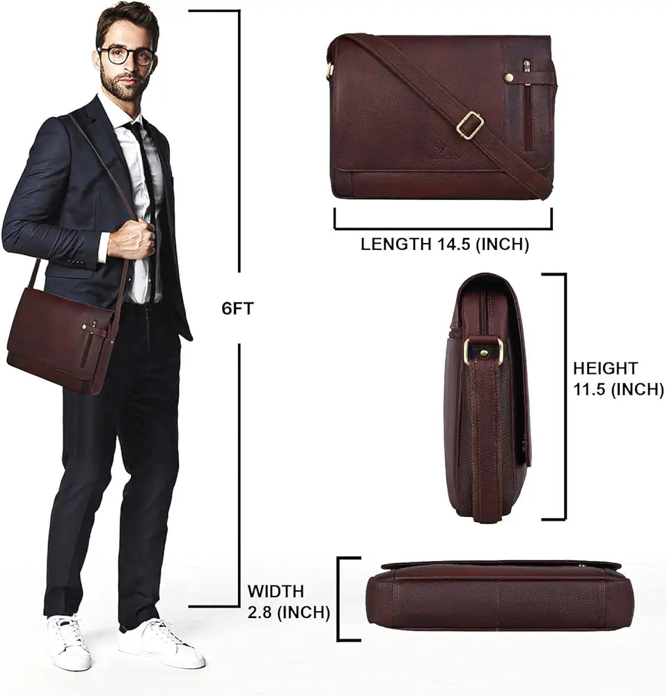 WildHorn Leather Messenger Bag for Men/Office Bag for Men I Padded Laptop Compartment with Adjustable Strap I DIMENSION : L-15 inch W-3 inch H-12 inch