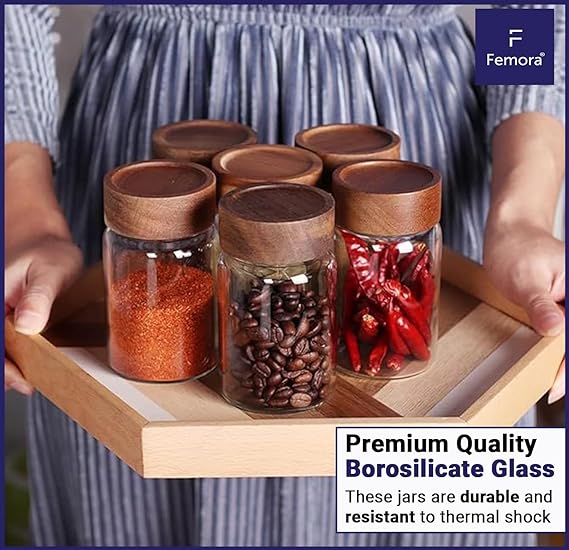 Femora Kitchen Storage Jars Borosilicate Glass With Wooden Lid Air Tight Jar | 750 Ml | Pack of 1 | Transparent