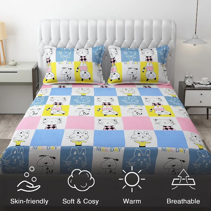 Fresh From Loom Double Bedsheet King Size Rotary Printed Wrinkle Free with 2 Pillow Covers 144 TC Aqua Pink