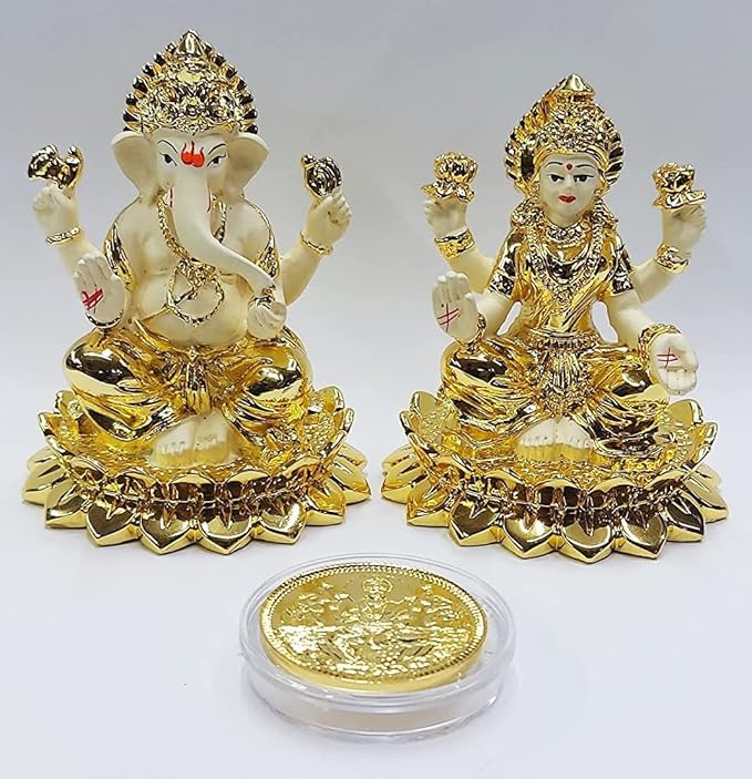 Gold Art India Kamal Laxmi Ganesh Gold Plated Off White Terracotta Idol for Home Gold Plated Coin