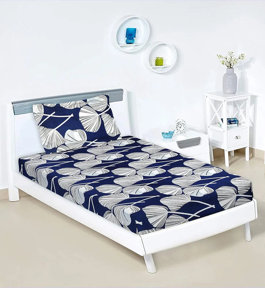 Kuber Industries Cotton Single Bedsheet with 1 Pillow Cover Patta Design Blue