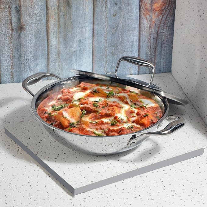 Vinod SAS Pro Platinum Triply Stainless Steel Non Stick Kadhai with Lid - 2.5 Litre, 24 cm | Ceramic Coating | Honeycomb Design Induction Base