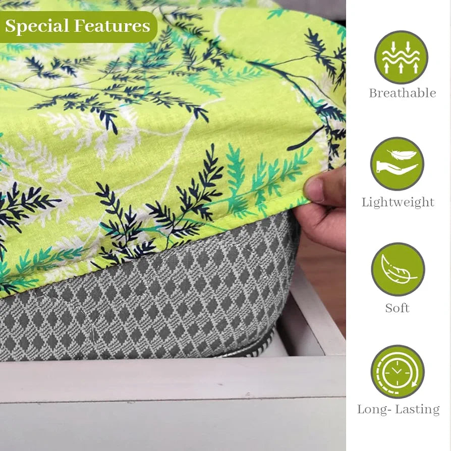 Divine Casa 144 TC 100% Cotton Floral Green Cotton Lightweight King Size Bedsheet with Elastic Fitted Colour Lime Punch