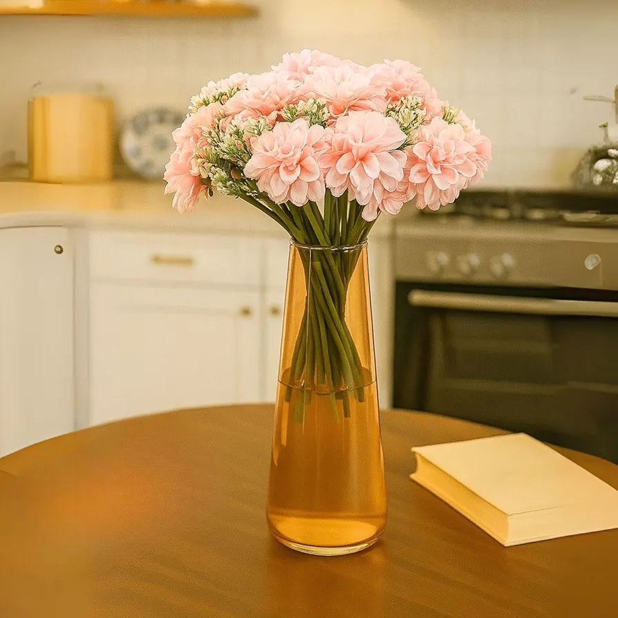 Artificial Dahlia Flower Bunch – 7-Stem Faux Bouquet Realistic Fabric Flower Arrangement Pink