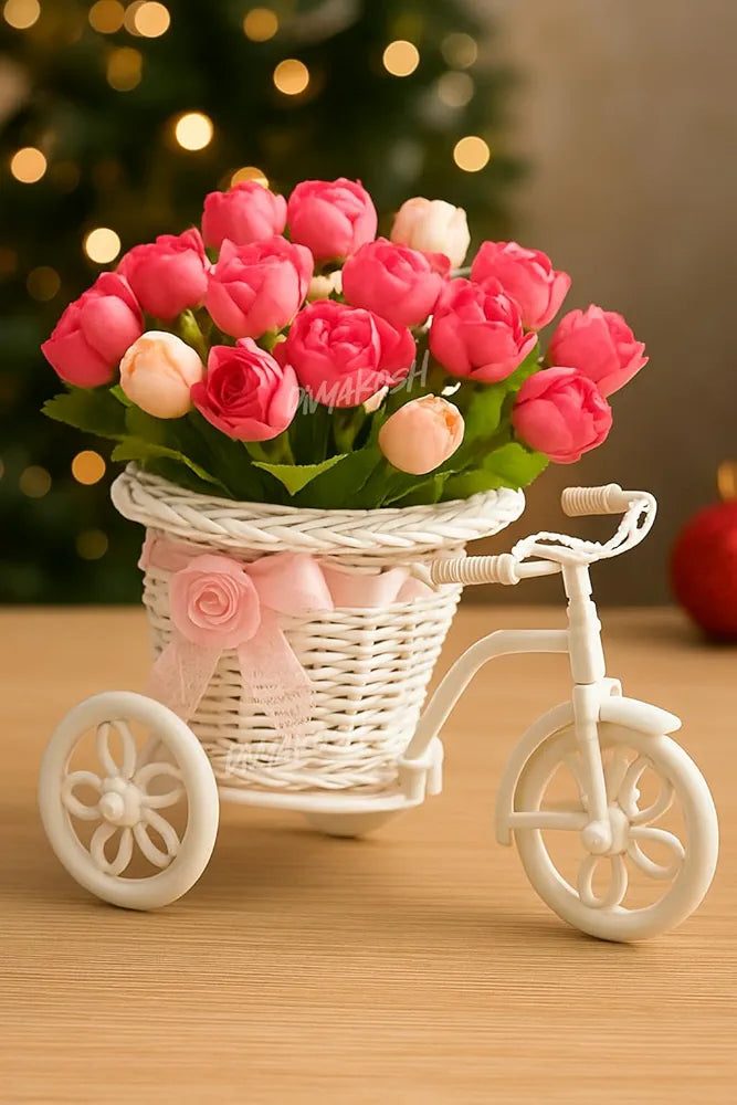 Artificial Peony Bunches Flower Basket with Decorative Tricycle Planter