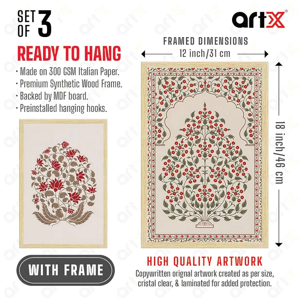 ArtX Paper Madhubani - 04 Floral Paintings with Frame Set of 3