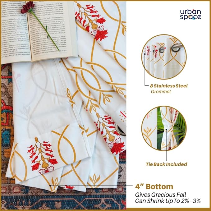 Urban Space Cotton Semi Sheer Curtains for Door Set of 2 with Eyelets and Tieback(Colour Floral Ripples Red & Brown)