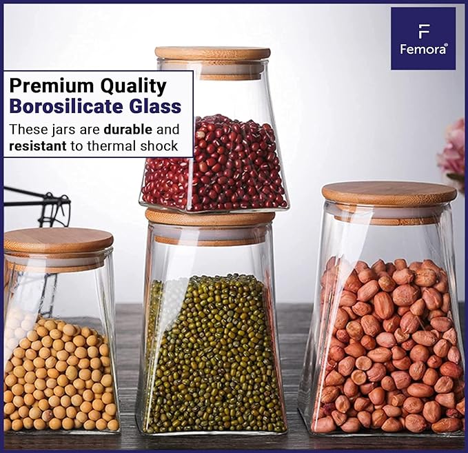 Femora Kitchen Storage Jars Borosilicate Glass Jars for Kitchen With Wooden Lid Air Tight Jar | 900 Ml | Pack of 4