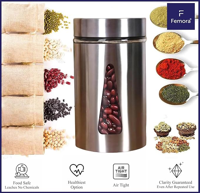 Femora Kitchen Storage Jars Steel Finish With See Through Window Jar | 700 Ml | Pack of 6 | Silver