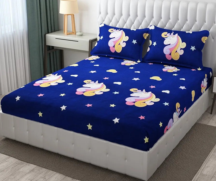 Fresh From Loom Bed Sheet Cartoon Printed Double Bedsheets King Size for Kids with 2 Pillow Cover 144 TC Dinosaur Blue