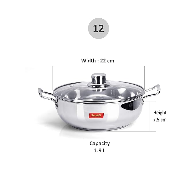 Sumeet Stainless Steel Induction Bottom Kadhai With Glass Lid No.12 (1.9 LTR) 22 cm