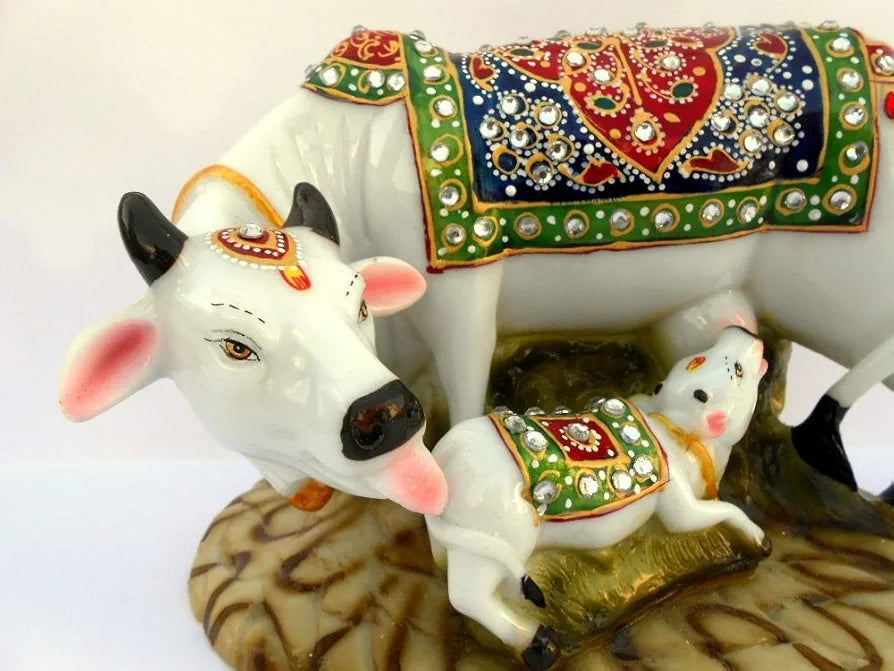 Jaipur Ace Decorative Polyresin Cow and Calf Statue/idol 8 Inch Kamdhenu Cow