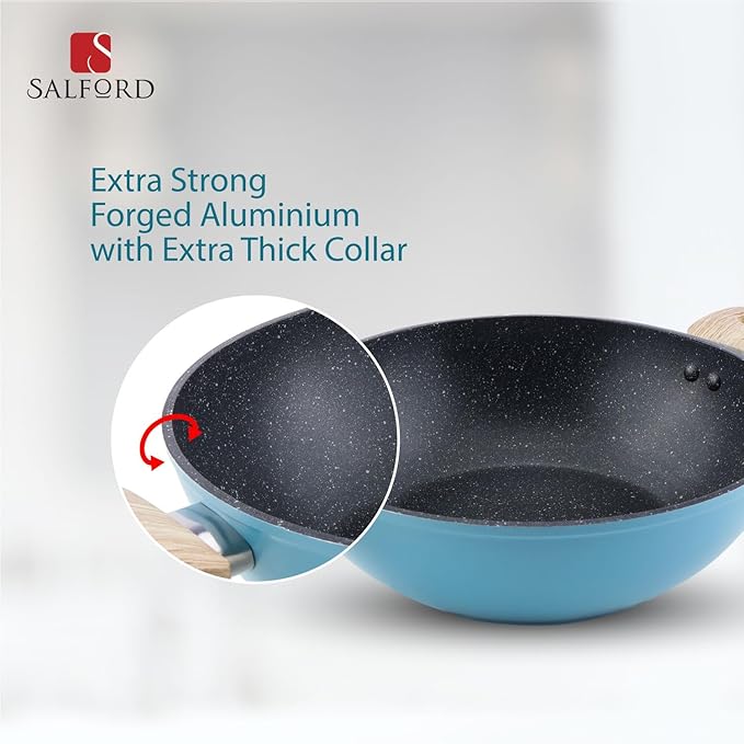 Salford by Ucook Forged Non-stick Kadhai + Glass Lid With Soft Touch Wooden Handle | Black Spatter Finish Dusty Blue- 240mm | 2.5 Litre