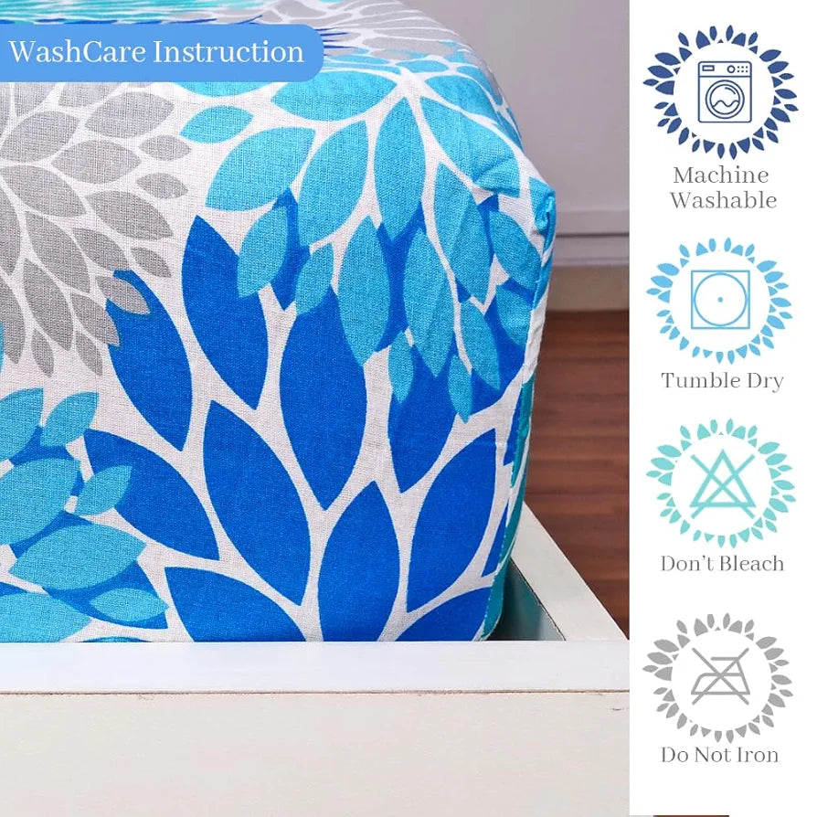 Divine Casa 144 TC Cotton Floral Print King Size Double Bed Elastic Fitted Bedsheet with 2 Pillow Cover Colour French Blue