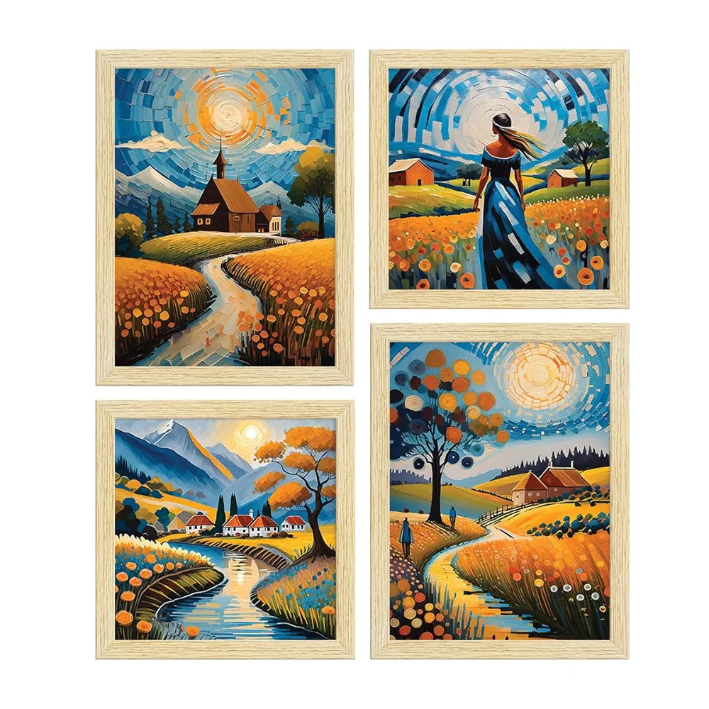 ArtX Paper Bohemian Village Sunrise Art Paintings with Frame Set of 4